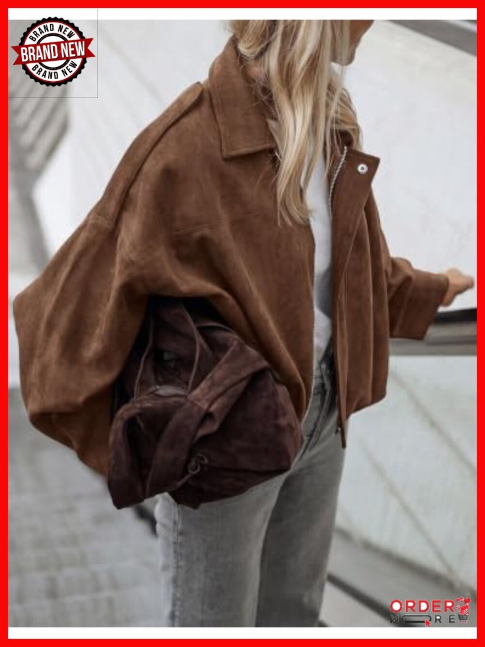Faux Suede Cropped Bomber Jacket Batwing Sleeve Fall Casual - Picture 5 of 6